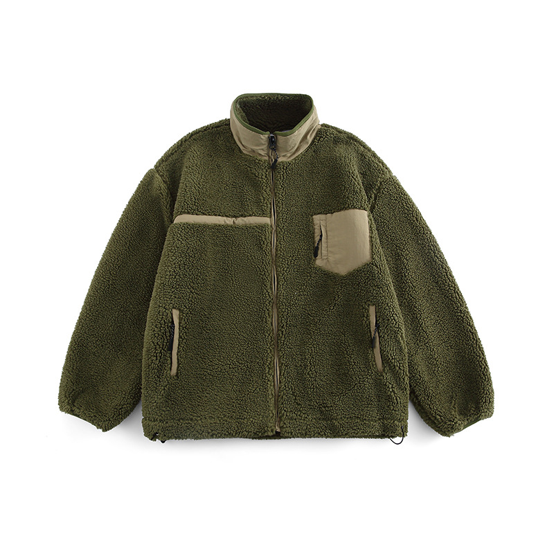 CustomApparelFactoryWinterZipperUpPocketLongSleevelapelFleeceSherpaJacketLooseCoatforMen1