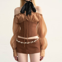 ApparelCustomSupplierOne-shoulderMeshLong-sleevedTopwithHip-wrappedShortSkirtSuitforWomen1