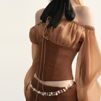 ApparelCustomSupplierOne-shoulderMeshLong-sleevedTopwithHip-wrappedShortSkirtSuitforWomen2