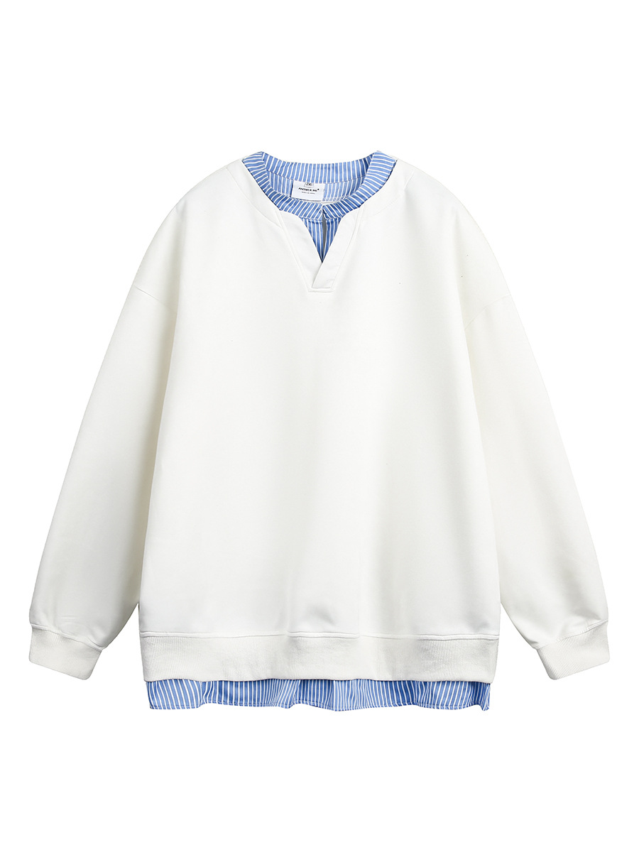 ApparelCustomVendorUnisexCasualStripedFakeTwoPieceLongSleeveCrewneckPulloverTop2