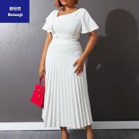 Women'sdress2023summernewtemperamentwaistcollectionshowthinpeplumedgeshortsleevepleatedwhitedressjpg-2