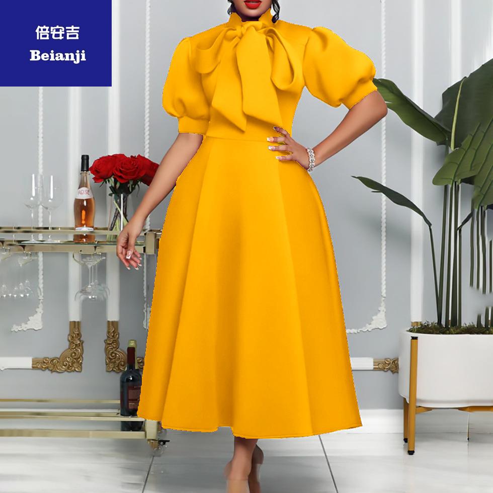 Women'ssummernewbowsocialitesolidcolorbanquetdressskirthigh-qualityshort-sleeveddress-5