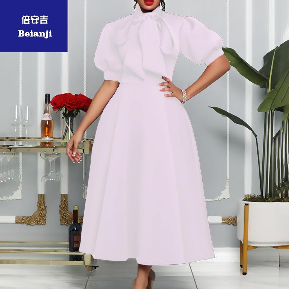 Women'ssummernewbowsocialitesolidcolorbanquetdressskirthigh-qualityshort-sleeveddress-9