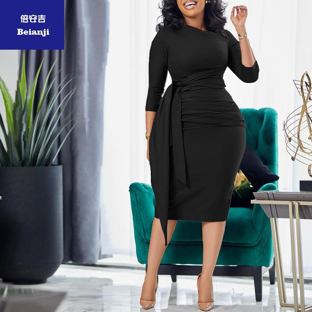 LadiessummerOfficeskirtseven-pointsleevepleatedlace-upboutiquedress-14