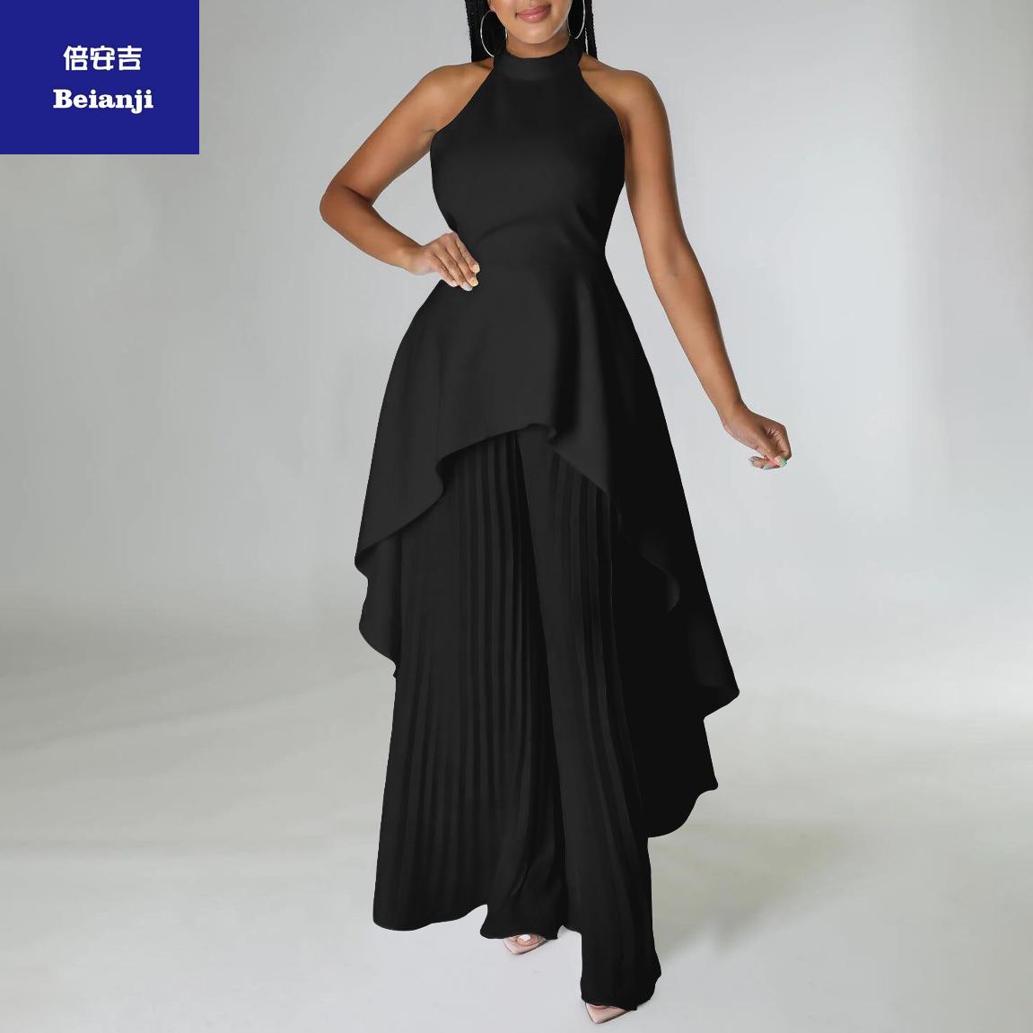 2023summerpersonalityfashionsleevelessirregulartopwidelegpantssuittwo-pieceset-4