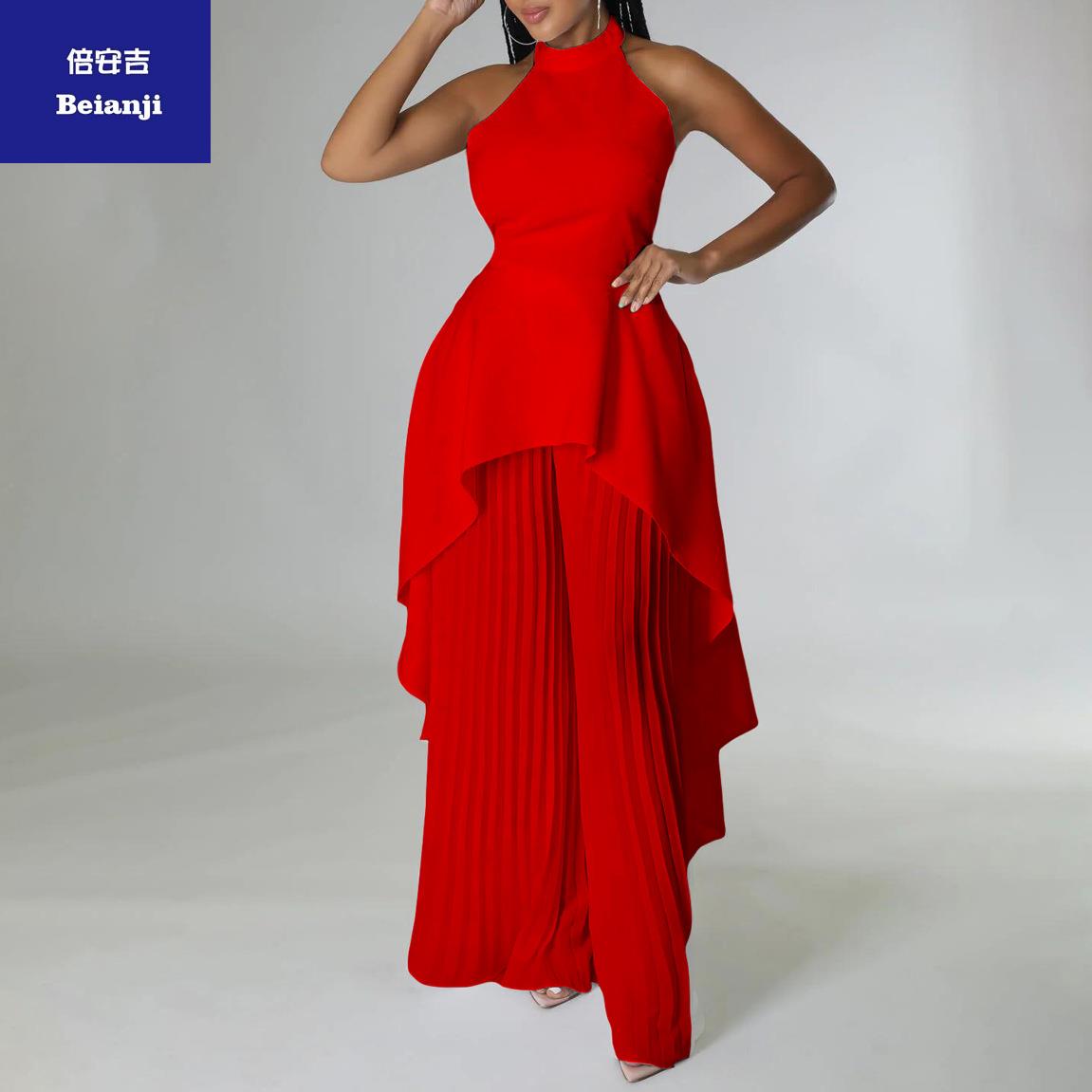 2023summerpersonalityfashionsleevelessirregulartopwidelegpantssuittwo-pieceset-11