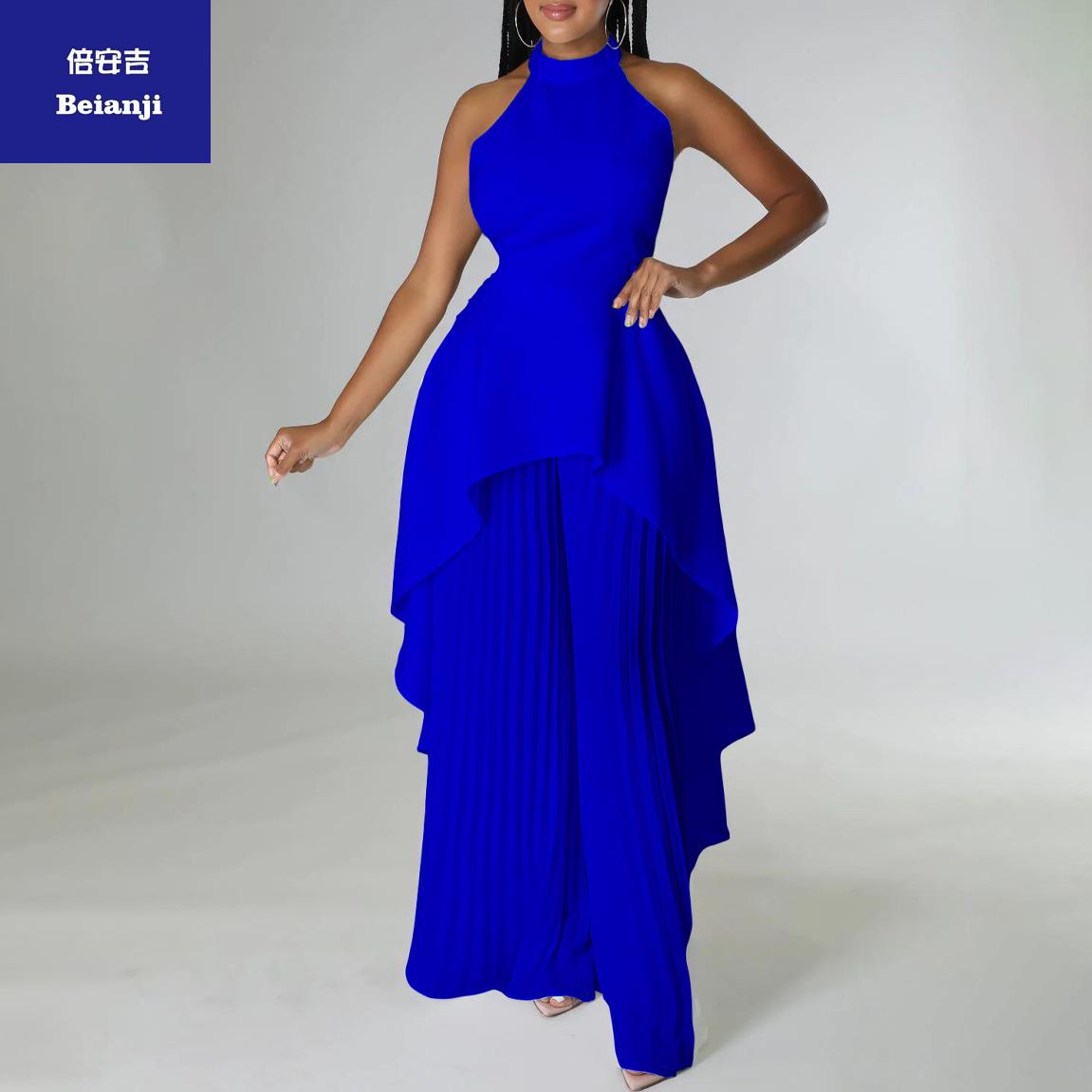 2023summerpersonalityfashionsleevelessirregulartopwidelegpantssuittwo-pieceset-12