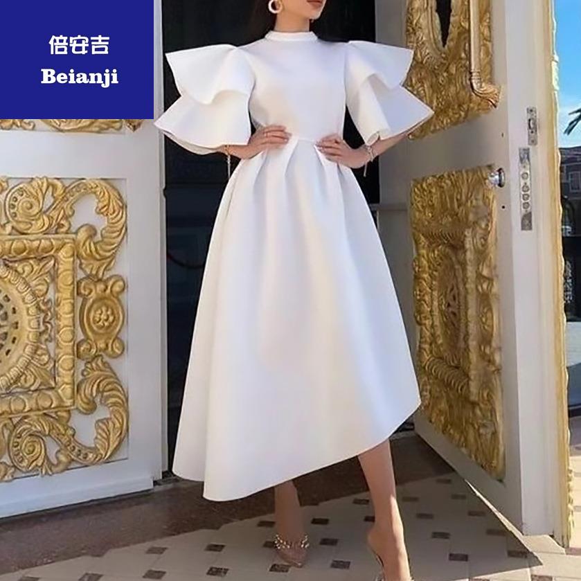 Women's2023summernewdoublelayerlotusleafsleevessolidcolorlargeswingdressLadiesboutiquedress-4