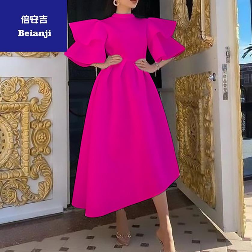 Women's2023summernewdoublelayerlotusleafsleevessolidcolorlargeswingdressLadiesboutiquedress-5