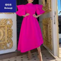 Women's2023summernewdoublelayerlotusleafsleevessolidcolorlargeswingdressLadiesboutiquedress-5