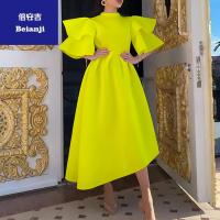 Women's2023summernewdoublelayerlotusleafsleevessolidcolorlargeswingdressLadiesboutiquedress-6