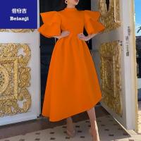 Women's2023summernewdoublelayerlotusleafsleevessolidcolorlargeswingdressLadiesboutiquedress-12