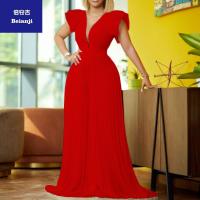 2023SummerFlyingSleevetemperamentPressedPleatedstitchingdeepV-neckmoppingjumpsuit-1