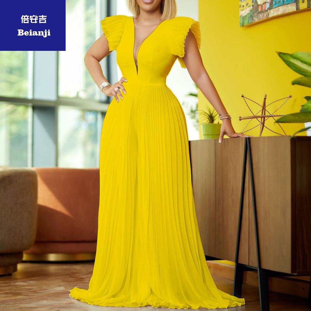 2023SummerFlyingSleevetemperamentPressedPleatedstitchingdeepV-neckmoppingjumpsuit-10