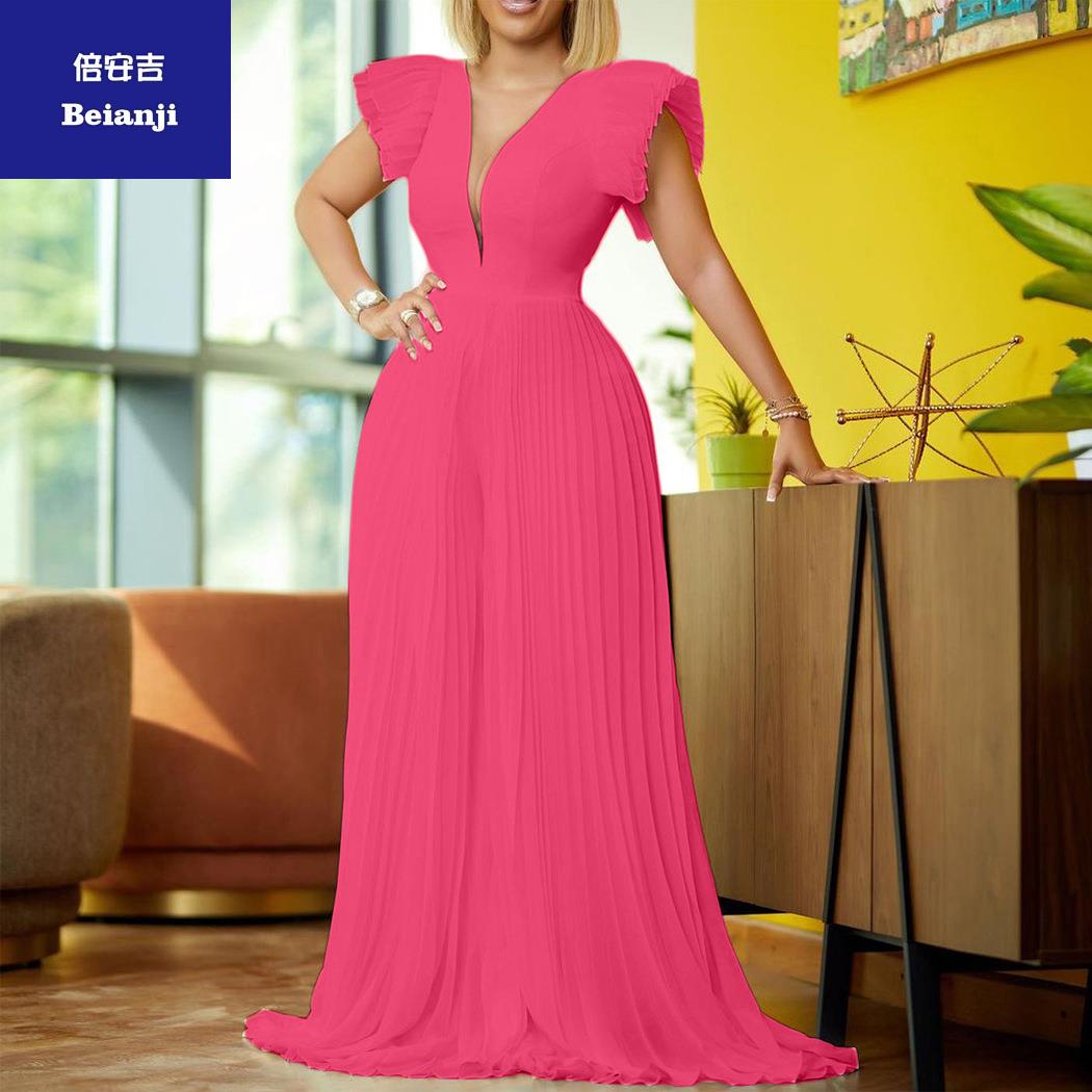 2023SummerFlyingSleevetemperamentPressedPleatedstitchingdeepV-neckmoppingjumpsuit-13