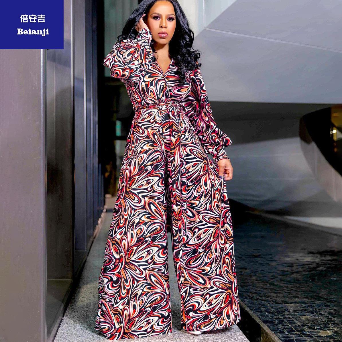 2023Amazon'snewlong-sleevedV-neckwide-legjumpsuitEuropeanlargesizedigitalprintingwomen'sjumpsuit-4