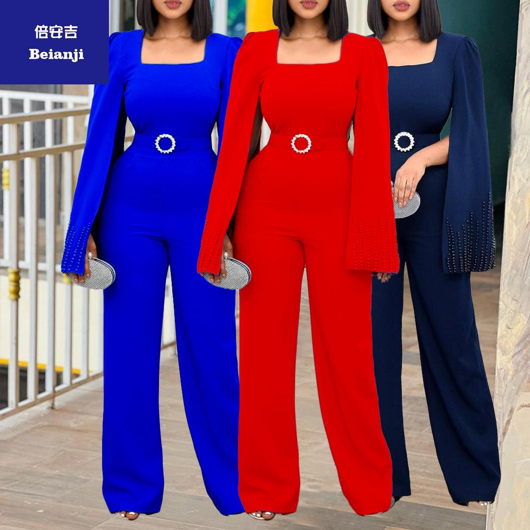 Ladiesjumpsuit2023largesizesolidcolorwidelegnailedbeadedcloakjumpsuitfreeforwaistbelt-8