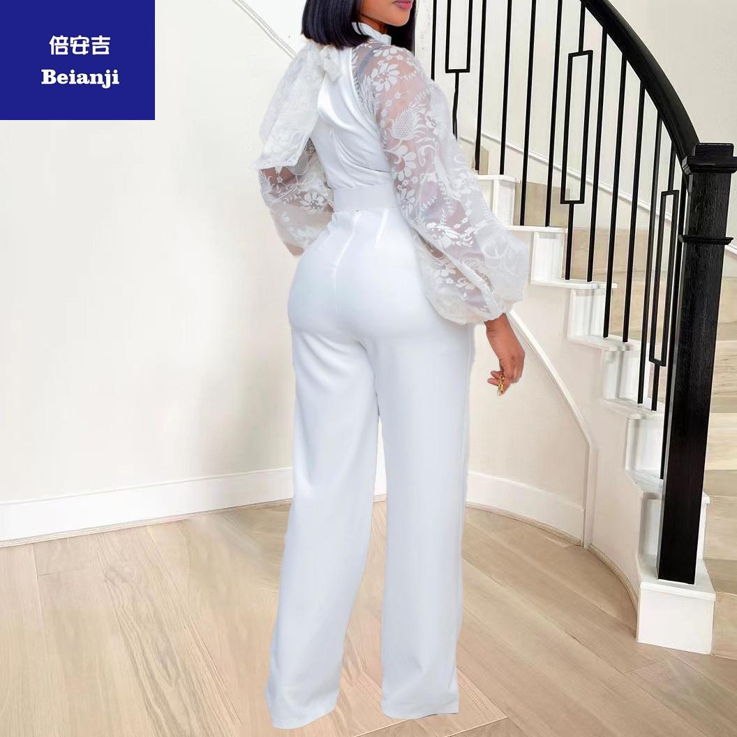 AmazonStand-upcollarLanternSleeveslimlargesizewomen'swidelegpantswomen'sjumpsuitbeltforfree-5