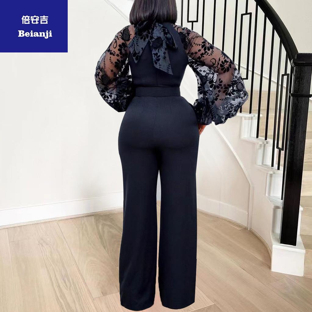 AmazonStand-upcollarLanternSleeveslimlargesizewomen'swidelegpantswomen'sjumpsuitbeltforfree-6