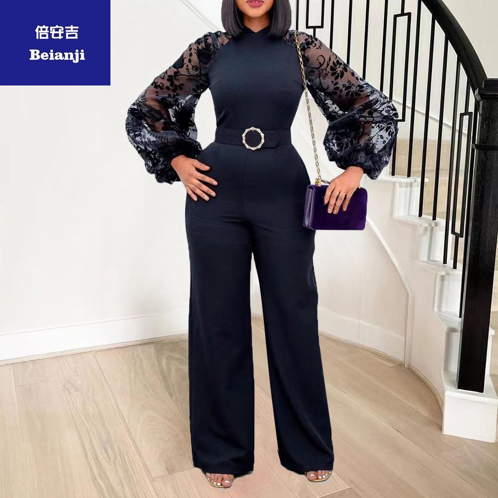 AmazonStand-upcollarLanternSleeveslimlargesizewomen'swidelegpantswomen'sjumpsuitbeltforfree-11