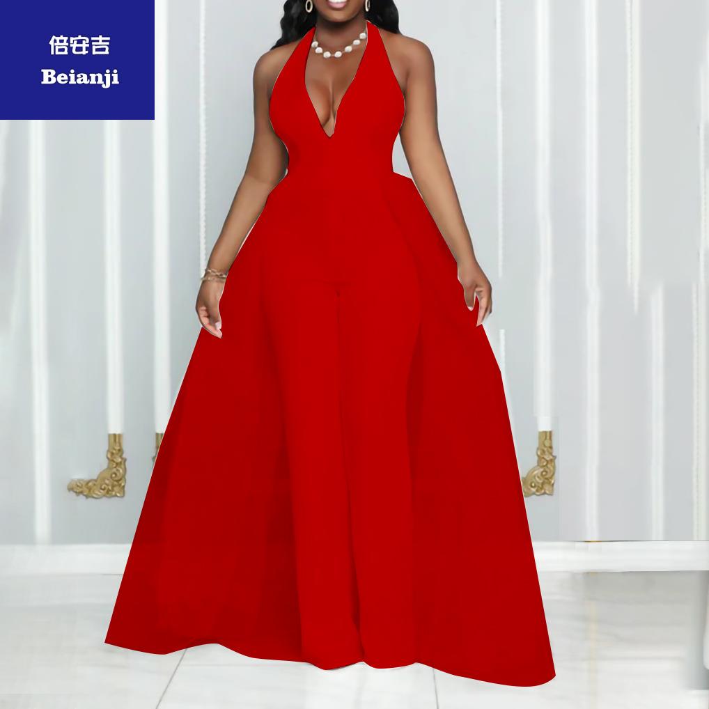 2023newsexyV-neckhangingneckbacklessmeshstitchingfashionjumpsuit-4