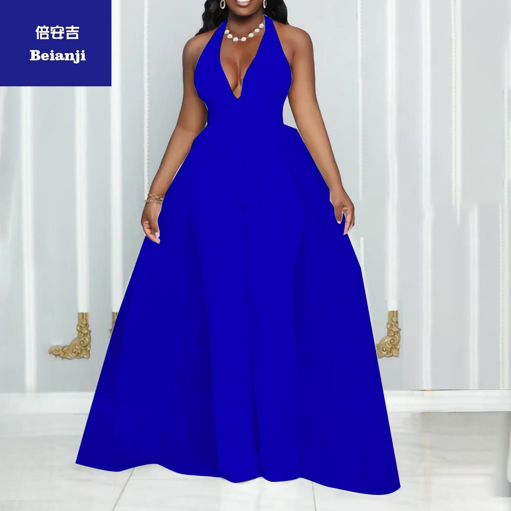 2023newsexyV-neckhangingneckbacklessmeshstitchingfashionjumpsuit-5