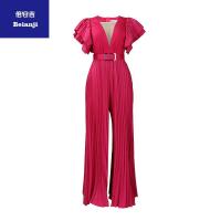 Withbeltplumjumpsuitlargesizewomen'smeshgauzeperspectivesexyfoldwidelegclosedwaistjumpsuit-1