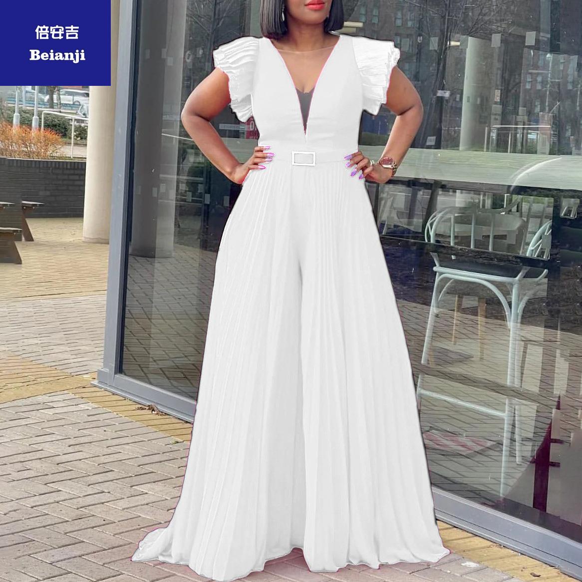 Withbeltplumjumpsuitlargesizewomen'smeshgauzeperspectivesexyfoldwidelegclosedwaistjumpsuit-5