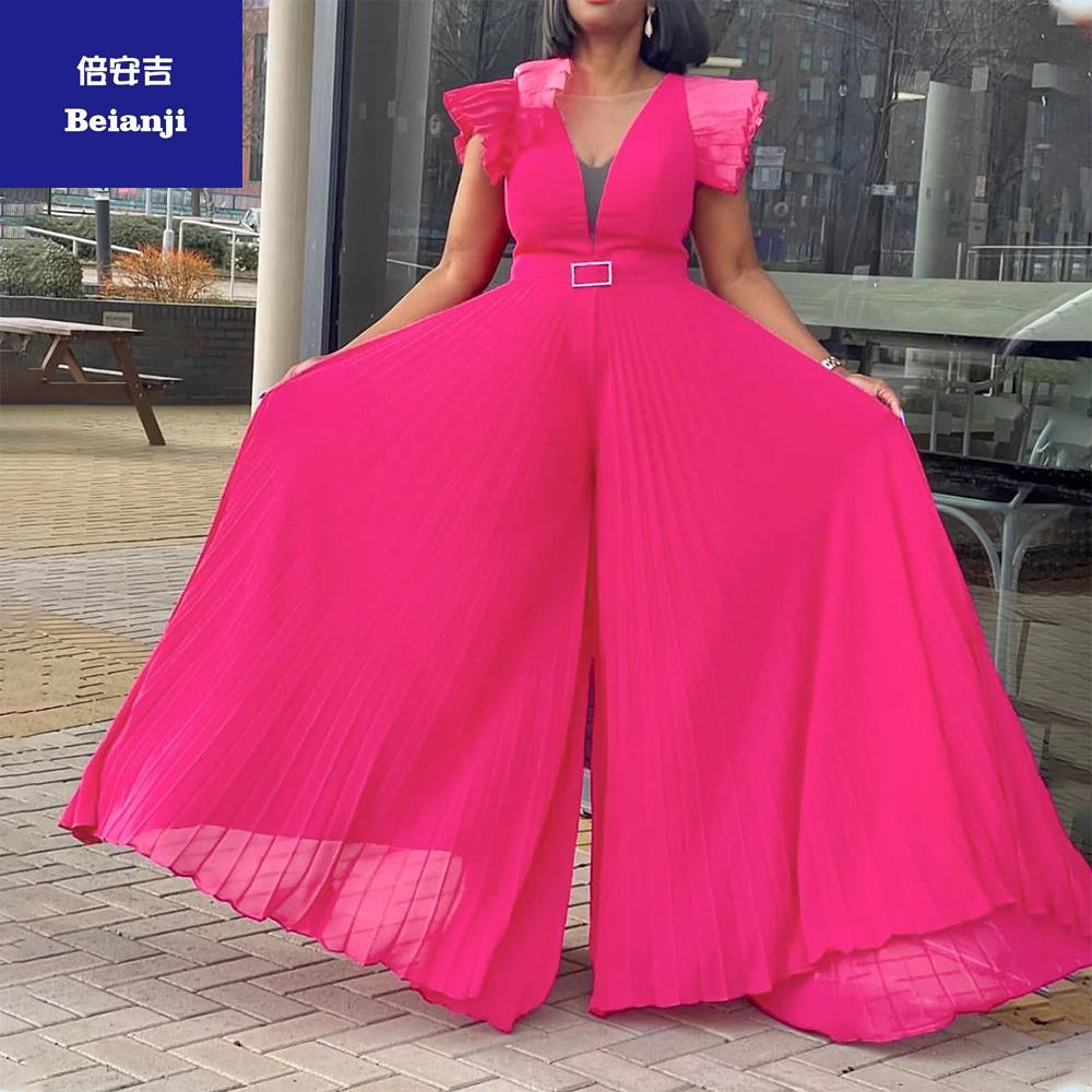 Withbeltplumjumpsuitlargesizewomen'smeshgauzeperspectivesexyfoldwidelegclosedwaistjumpsuit-16