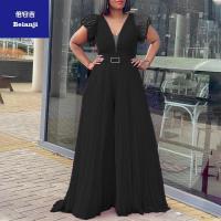 Withbeltplumjumpsuitlargesizewomen'smeshgauzeperspectivesexyfoldwidelegclosedwaistjumpsuit-17