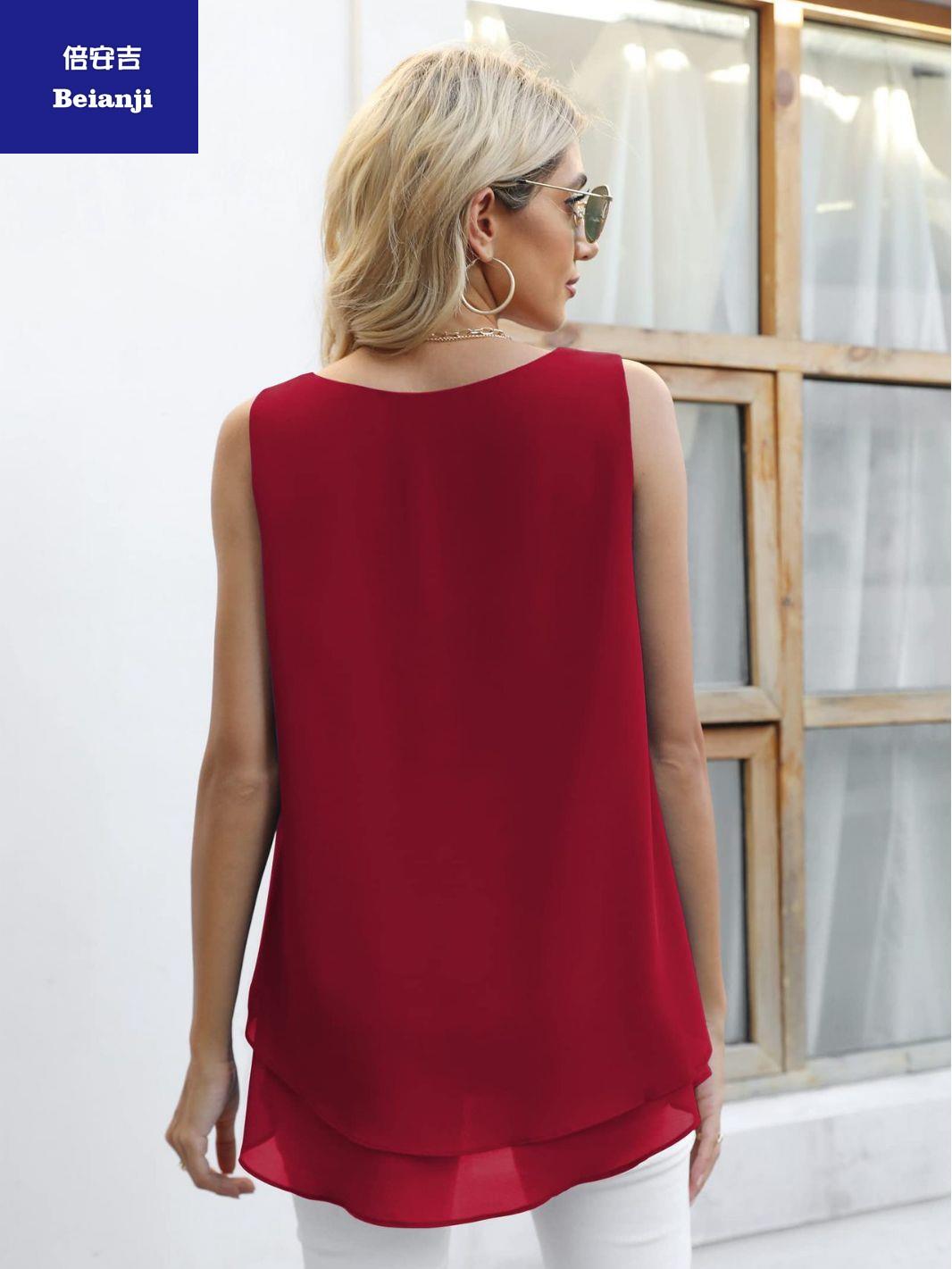 2023newfashionwomen'ssleevelesschiffonshirtsoftmeshvestwithknittedlining-5