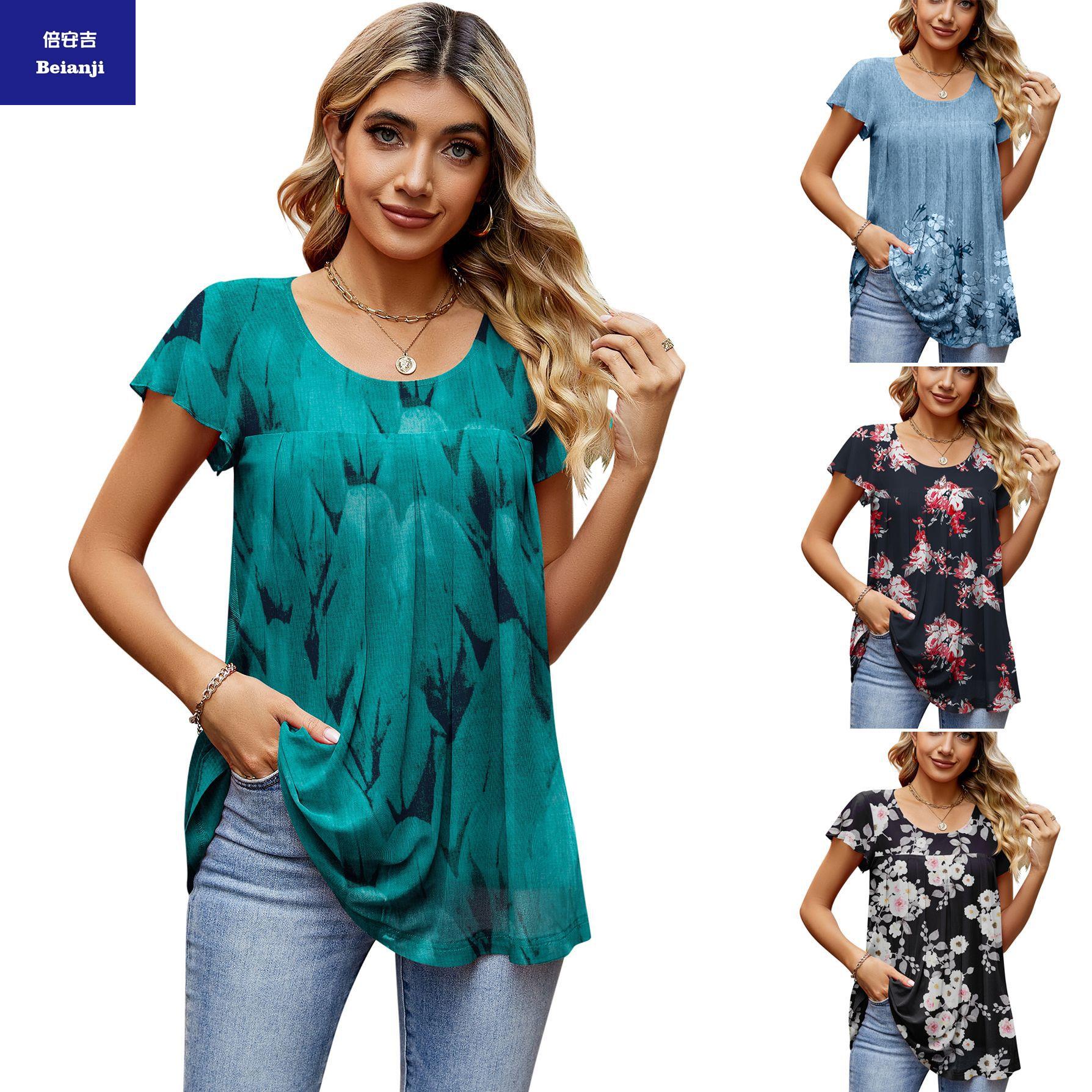 2023summerwomen'stshirtloosefoldsprintedelegantchiffonshirtteetops-7