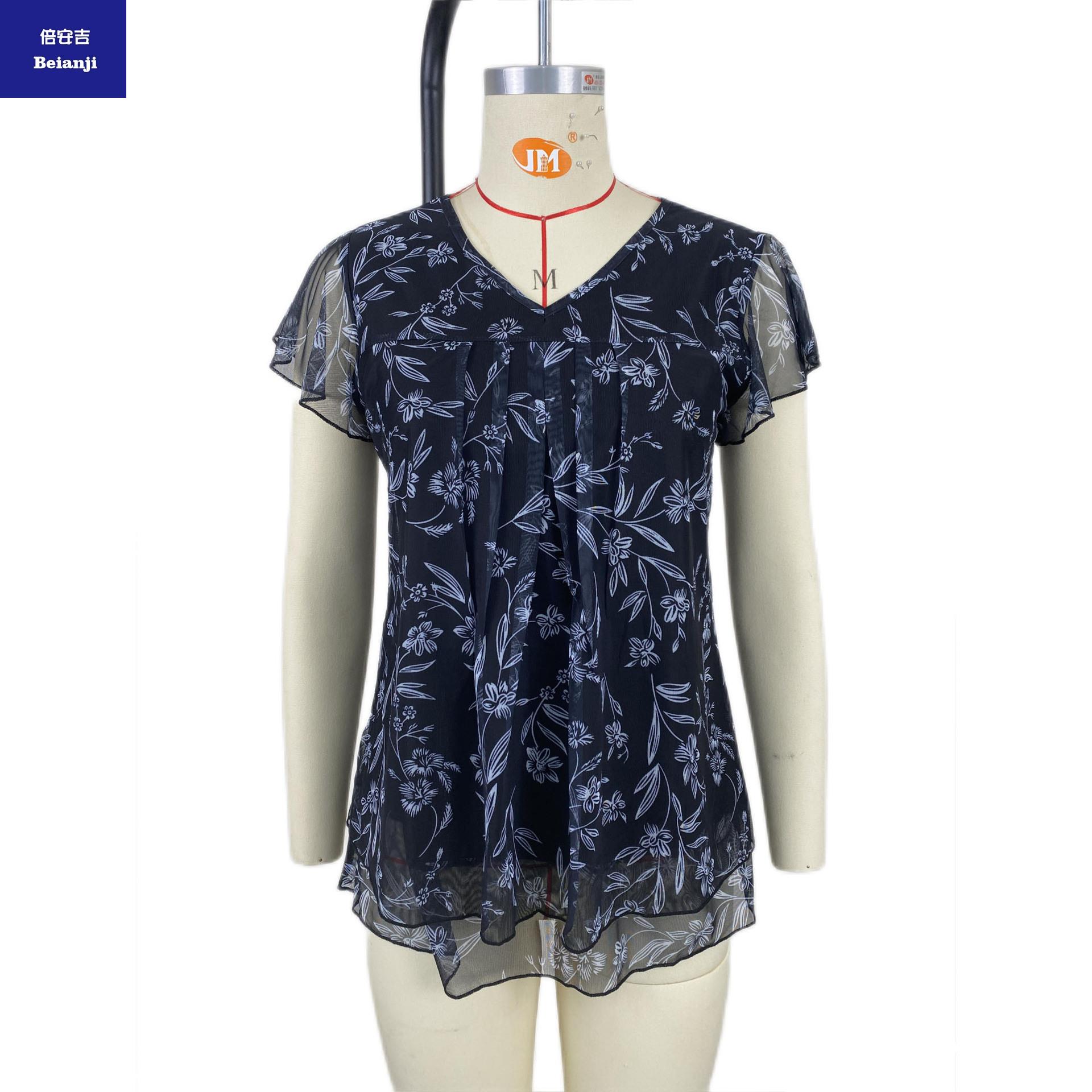 2023newdesignV-neckprintedmeshchiffonshirtwomen'soversizetshirttops-8