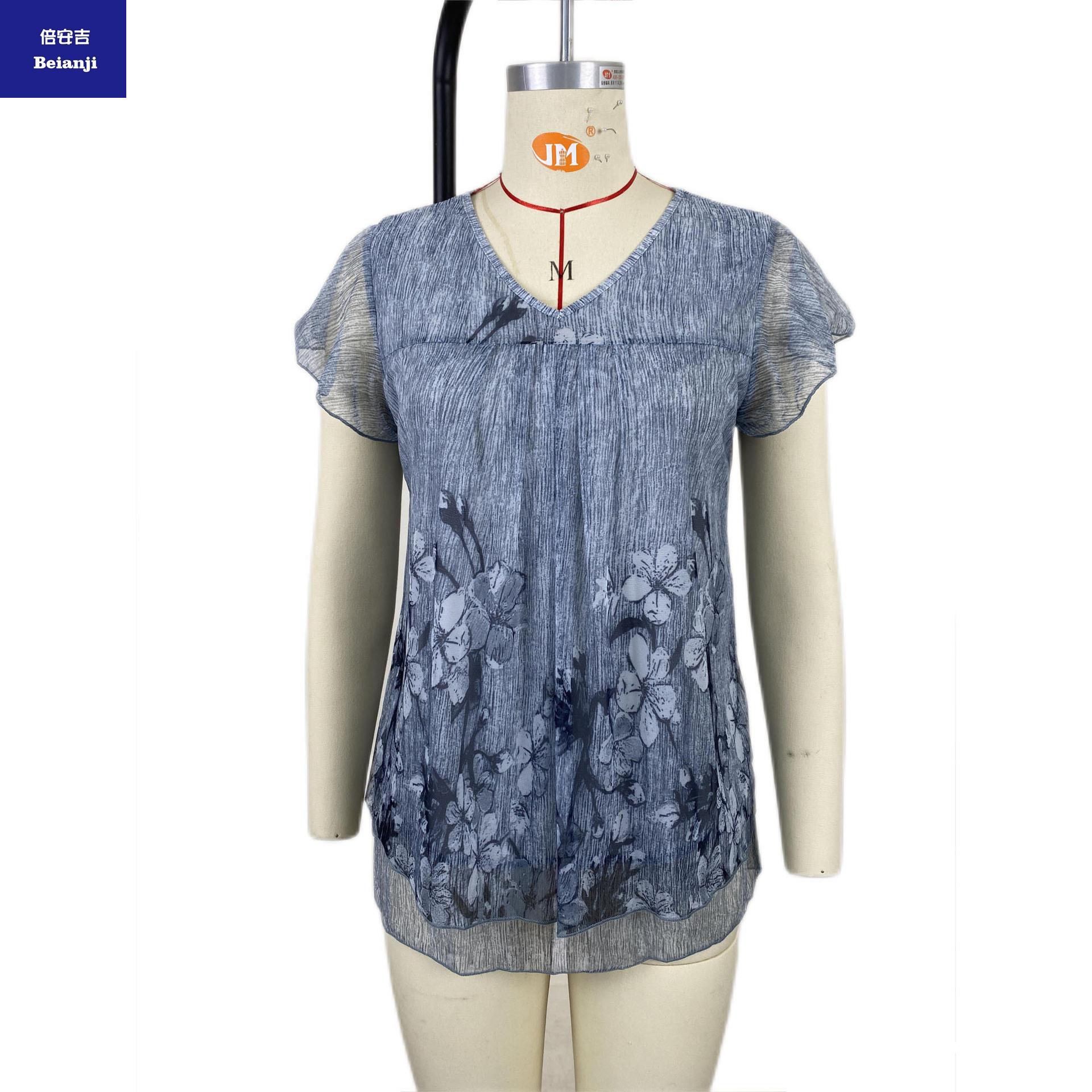 2023newdesignV-neckprintedmeshchiffonshirtwomen'soversizetshirttops-11