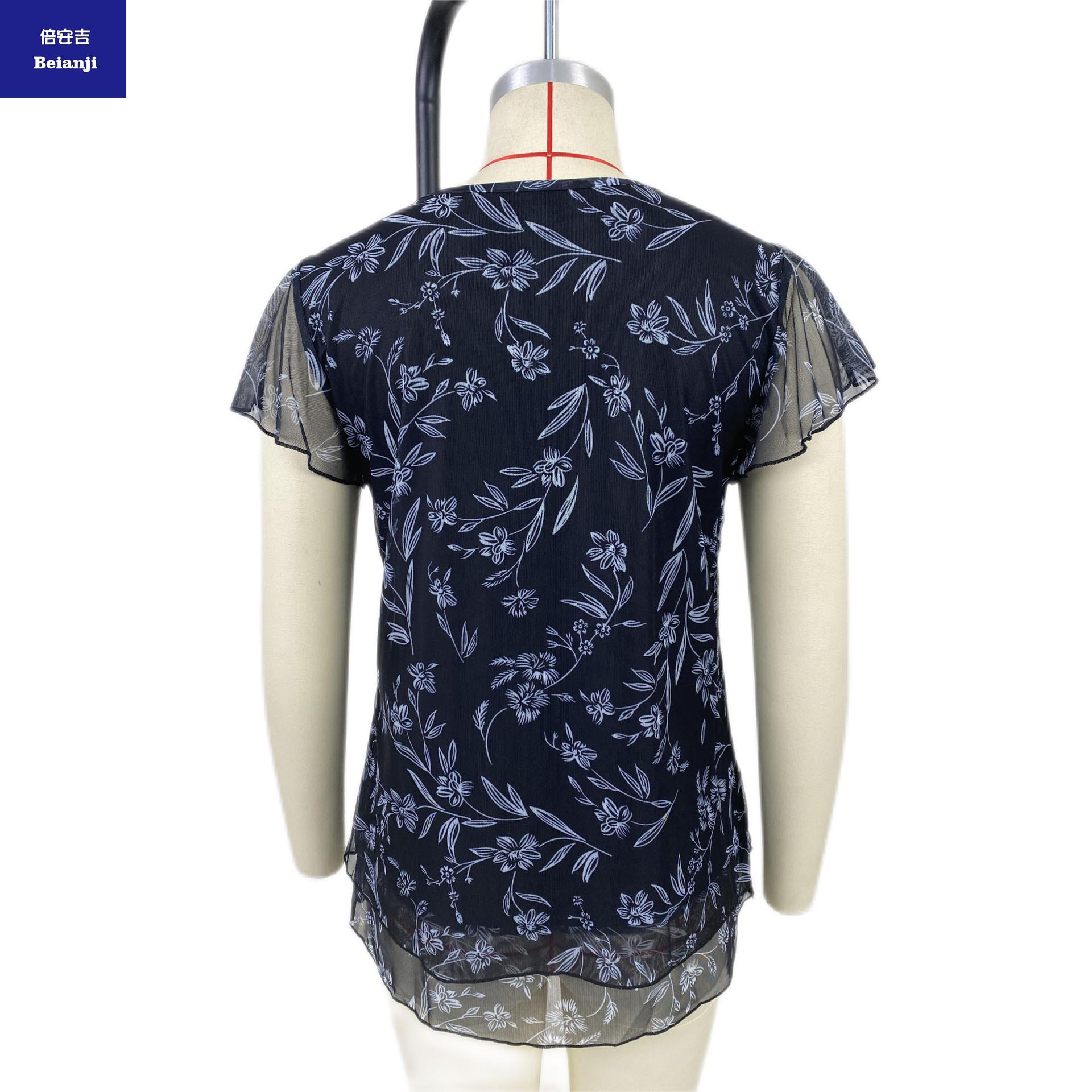 2023newdesignV-neckprintedmeshchiffonshirtwomen'soversizetshirttops-12