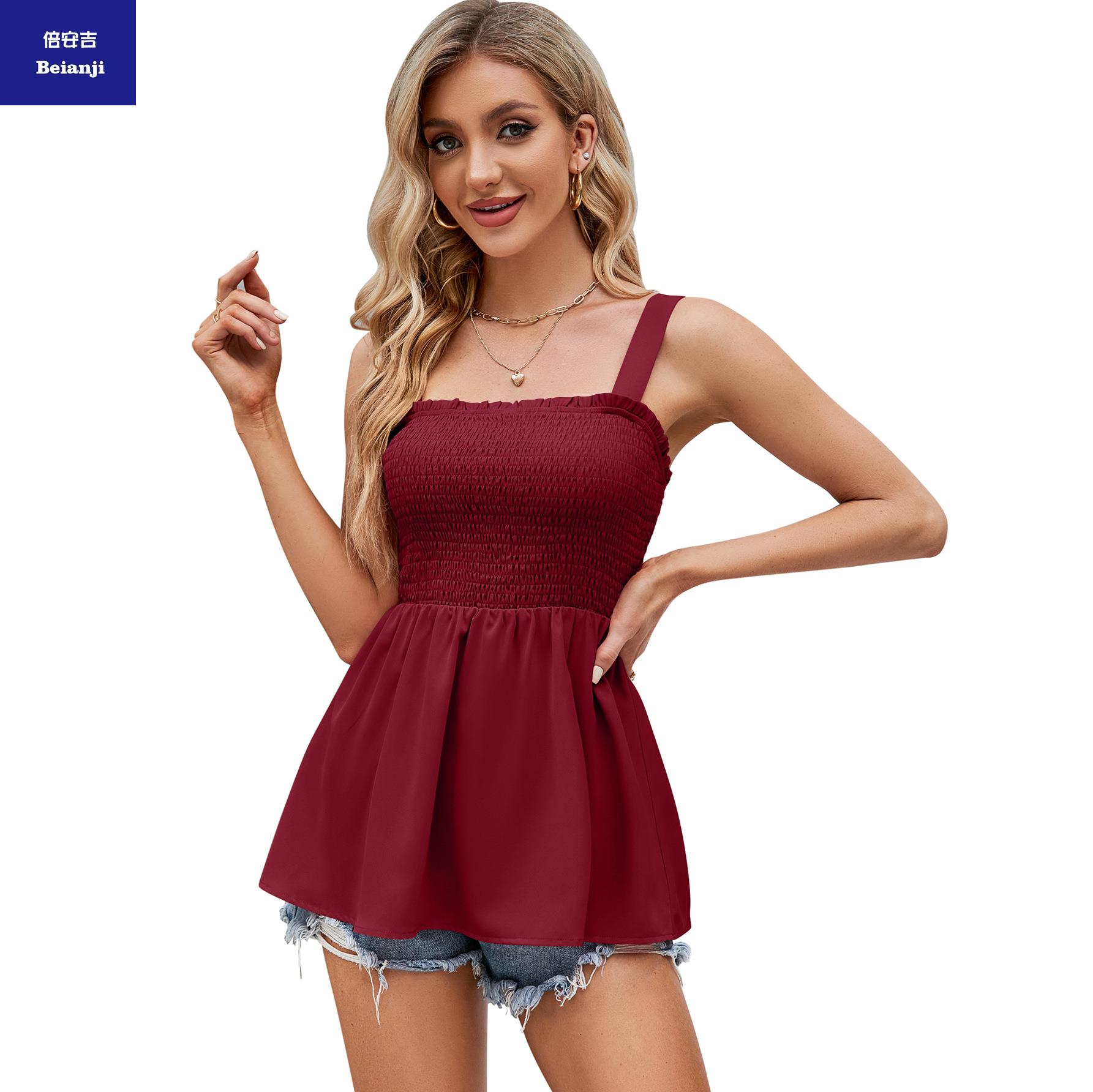 2023SummerSuspenderRuffledRetractionVestruffledshirtbeltedtop-6