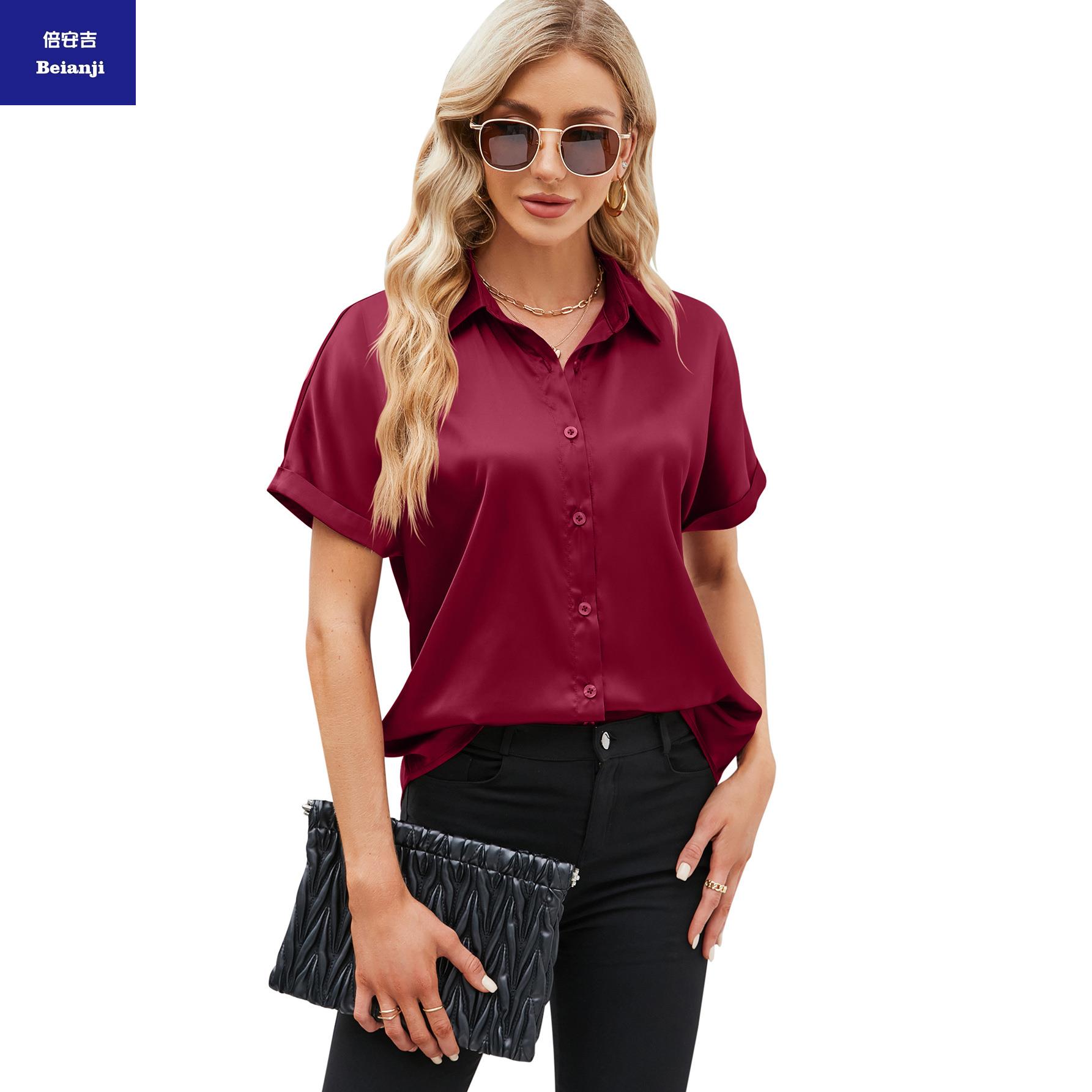 Women'ssolidcolorsatinshortsleeveshirt-8