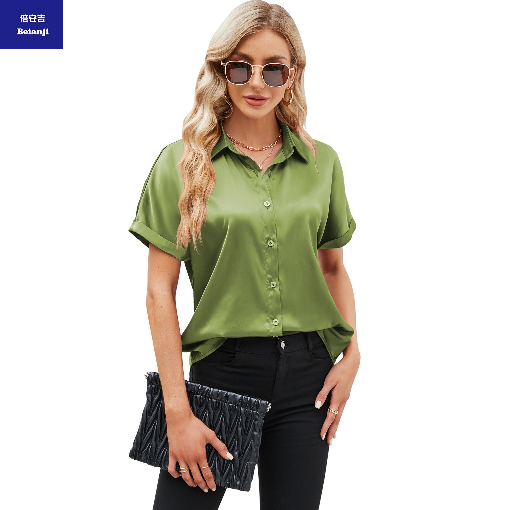 Women'ssolidcolorsatinshortsleeveshirt-11