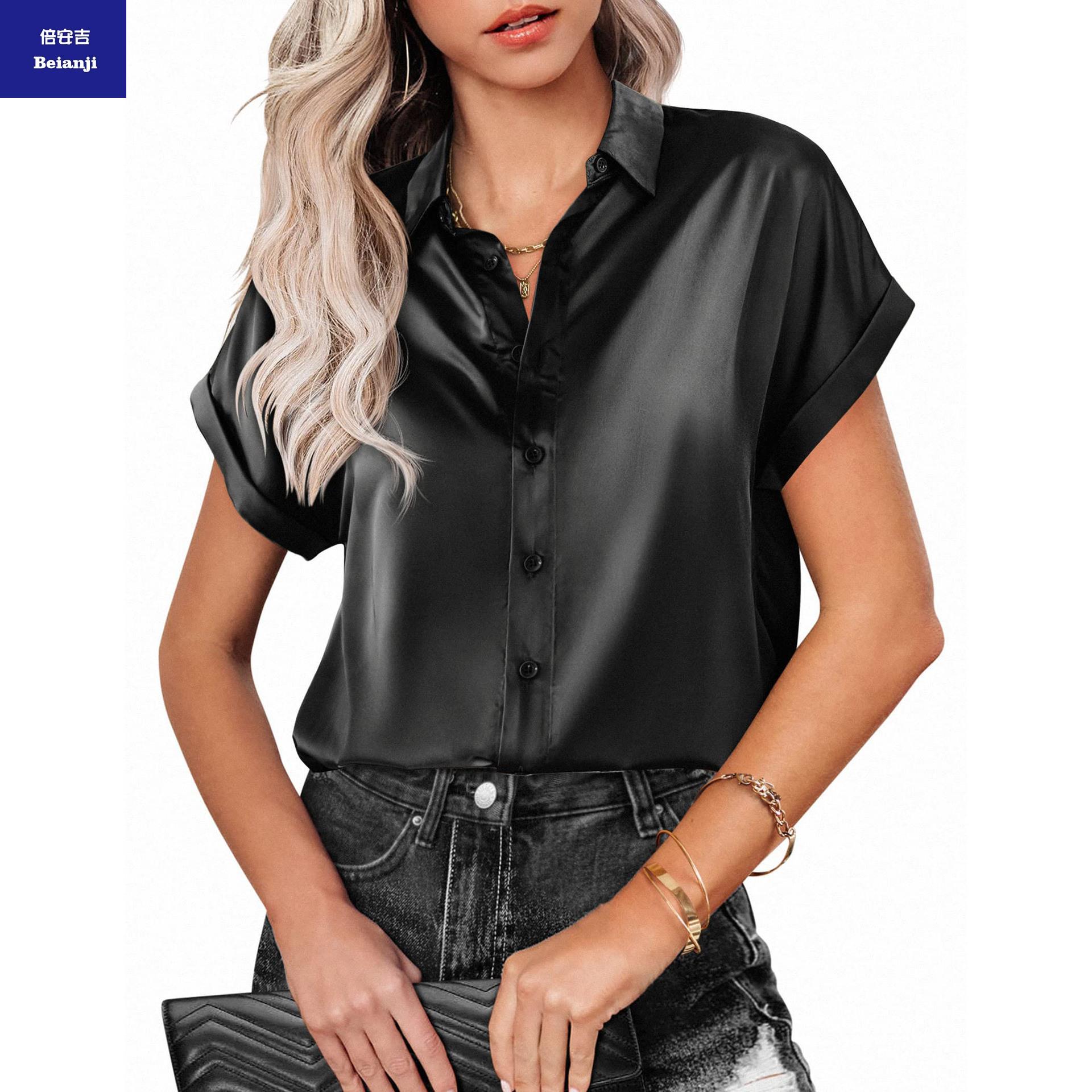 Women'ssolidcolorsatinshortsleeveshirt-12