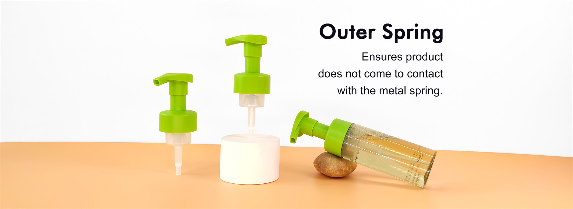 Our foaming soap pumps feature an outer-spring design that prevents the product from contacting the metal spring, reducing the risk of contamination.