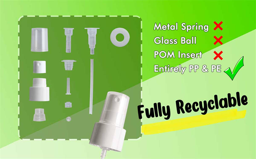 a picture of a all-plastic mist sprayer been disassembled, all parts are made of plastics