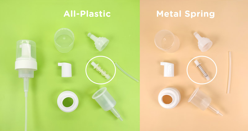 Comparison of disassembled standard foam pump vs. recyclable foam pump