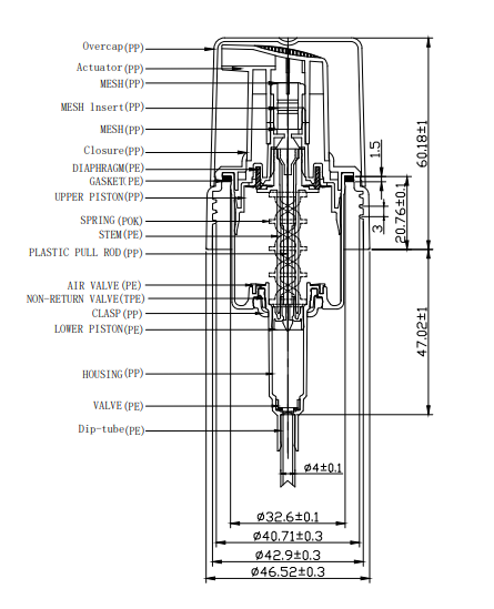 Technical drawing of recyclable foam pump P1143A1 with material of each part indicated