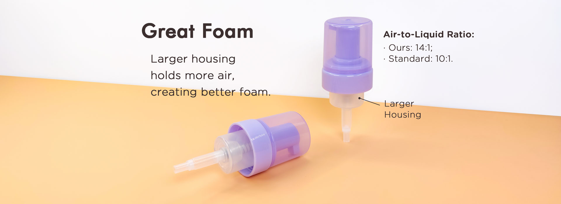 PartnerPkg foam pumps create great foam due to the larger housing and the higher air-to-liquid ratio of 14:1 while the standard is 10:1.