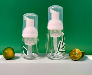 2 foam pump bottles in neck size of 30mm, clear bottle in unique bulb shape, white foam pump with clear overcap
