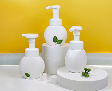 A collection of HDPE foam soap bottles featuring a soft round body with a mild gloss.