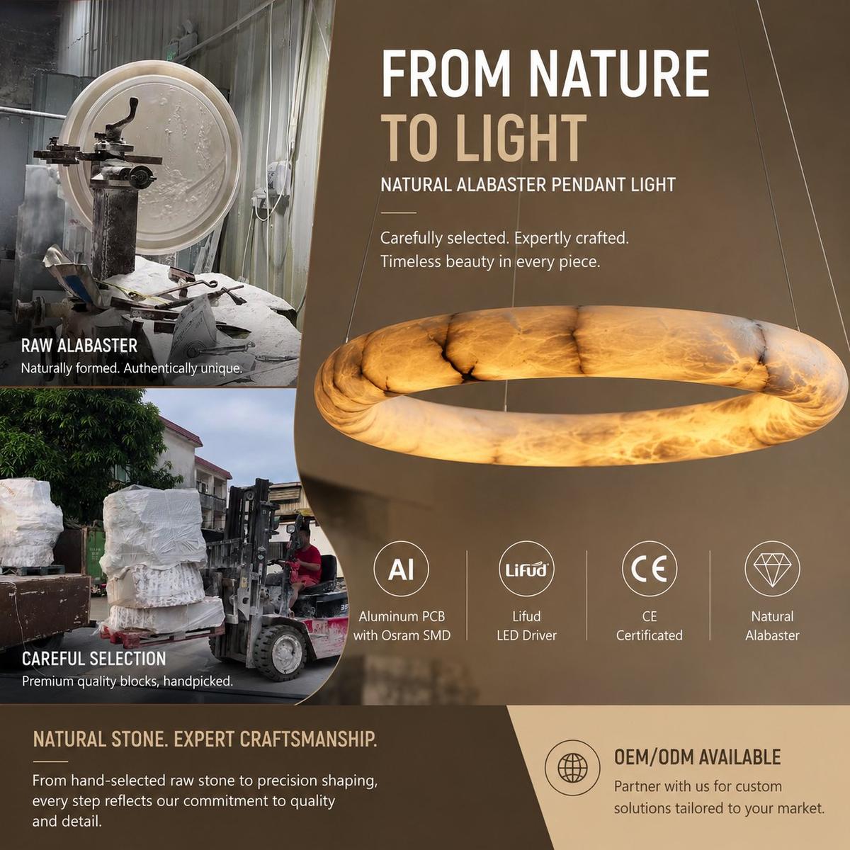 Alabaster lamp glowing with warm translucent light