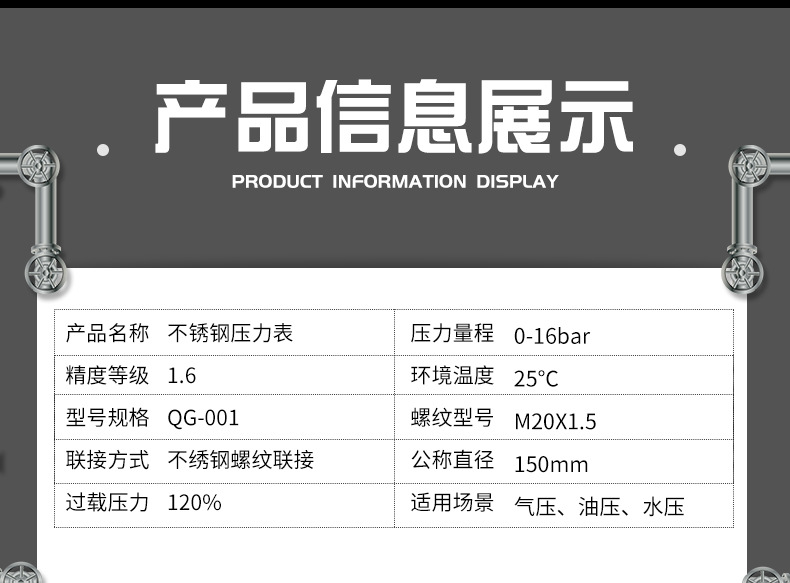 QC-001鹰眼仪表，膜盒压力表，充油压力表0-16bar
