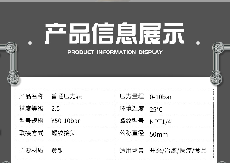 厂家直营普通压力表指针式机械压力表阀门石油电站压力表批发Y50-10bar