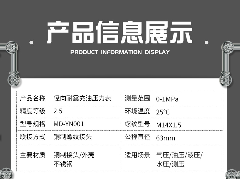 MD-YN-001径向耐震充油压力表，精度等级2.5